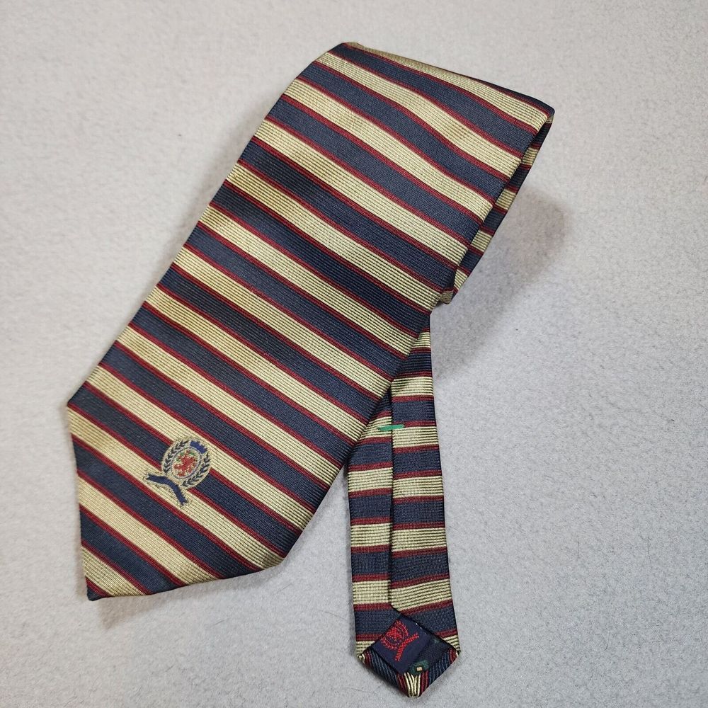 Tommy Hilfiger Logo Tie Gold Navy Blue‎ Horizontal Stripe 4"W 58"L